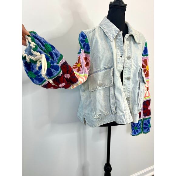 Blank NYC Young Love Jacket in Multi Medium Denim Floral Crochet Stretch Classic - Picture 4 of 6